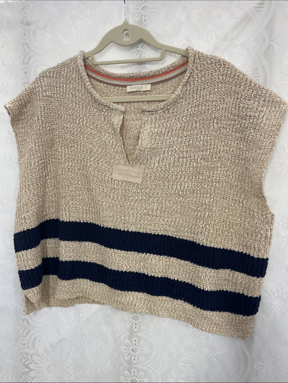 ILLA ILLA Cream Knit Sleeveless Sweater with Navy Stripes L
